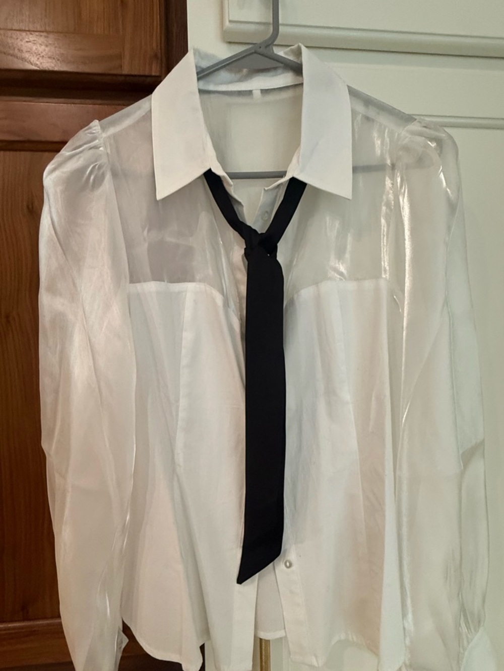 Bebe White Sheer Dress Button Down Shirt With Black Tie HOT